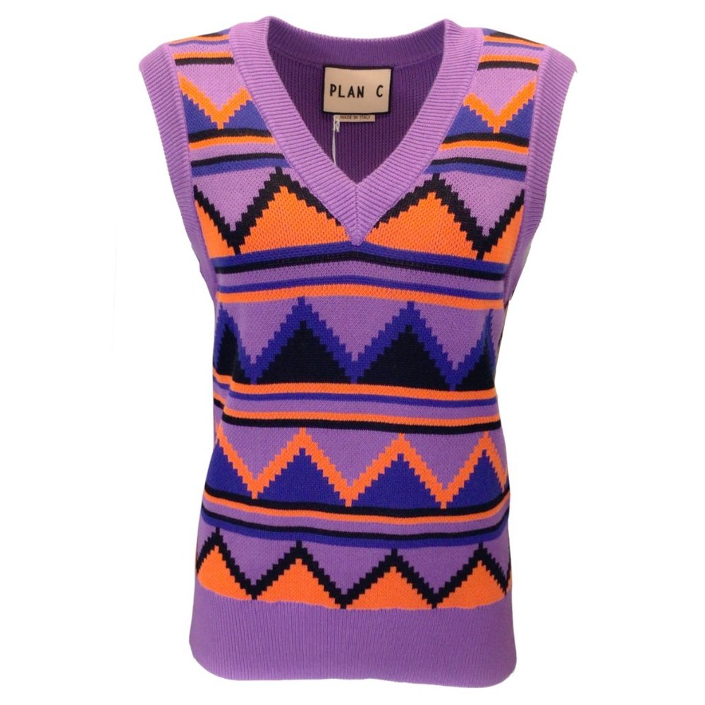 PLAN C PURPLE / ORANGE MULTI PATTERNED KNIT SLEEVELESS V-NECK COTTON KNIT SWEATE